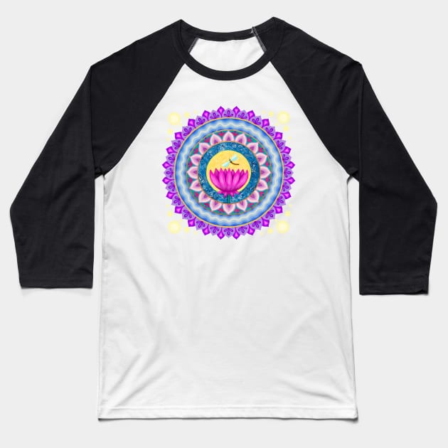Dragonfly and Lotus Moon Mandala Baseball T-Shirt by SoozieWray